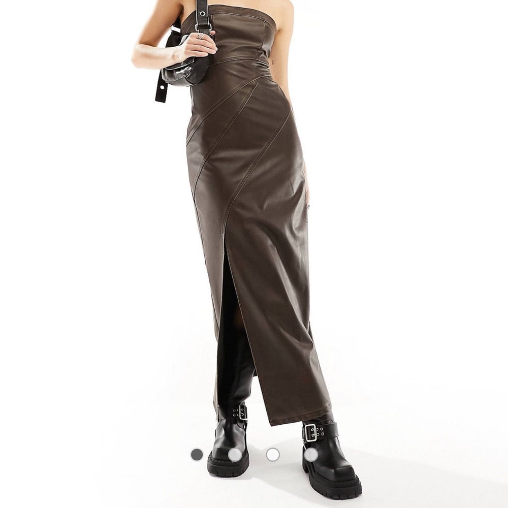 Stradivarius faux leather bandeau maxi dress in washed brown